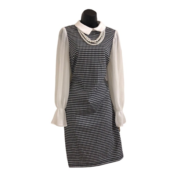 Black white houndstooth sheer long sleeve Pearl necklace Peter Pan collar sheath - Picture 7 of 15